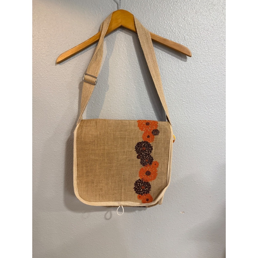 The Dodo Bag Co Jute Carryall Messenger‎ Bag OS Floral Burlap Boho Tan